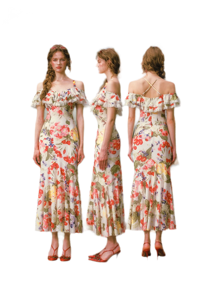 Floral Ruffle Mesh Maxi Dress