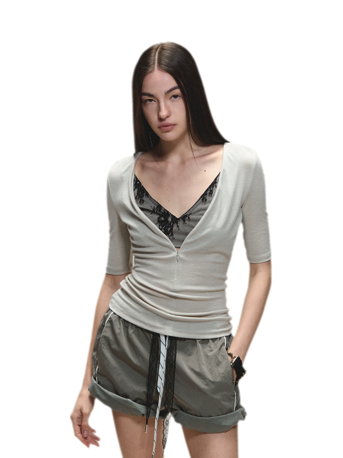 Lyocell Two-in-One Colorblock Mid-Sleeve T-Shirt