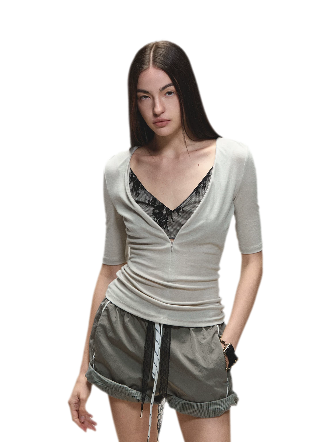 Lyocell Two-in-One Colorblock Mid-Sleeve T-Shirt