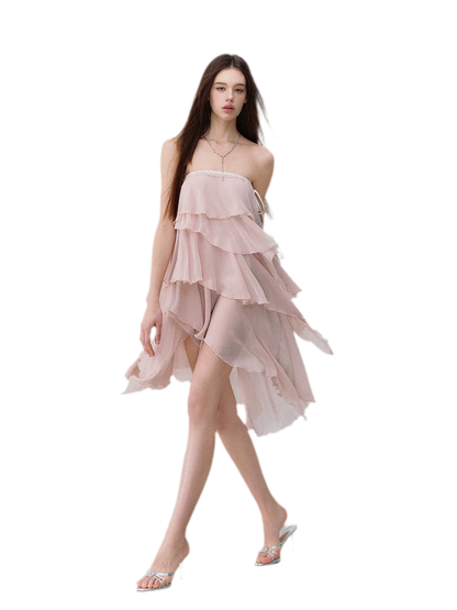 Asymmetric Chiffon Tie-Waist Strapless Skirt
