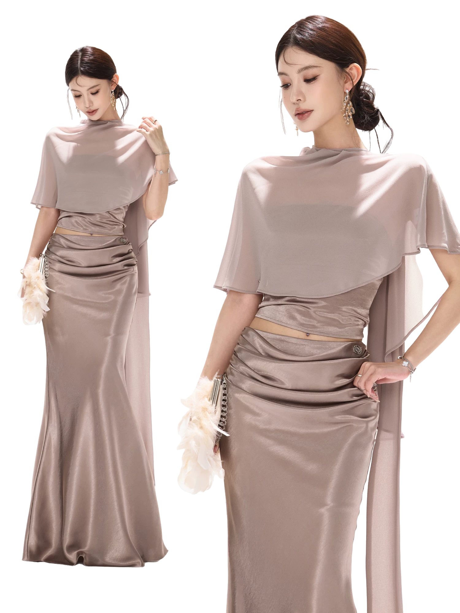 Elegant Asymmetric Chiffon Shawl Top with Built-in Bustier