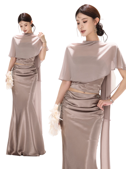 Elegant Asymmetric Chiffon Shawl Top with Built-in Bustier
