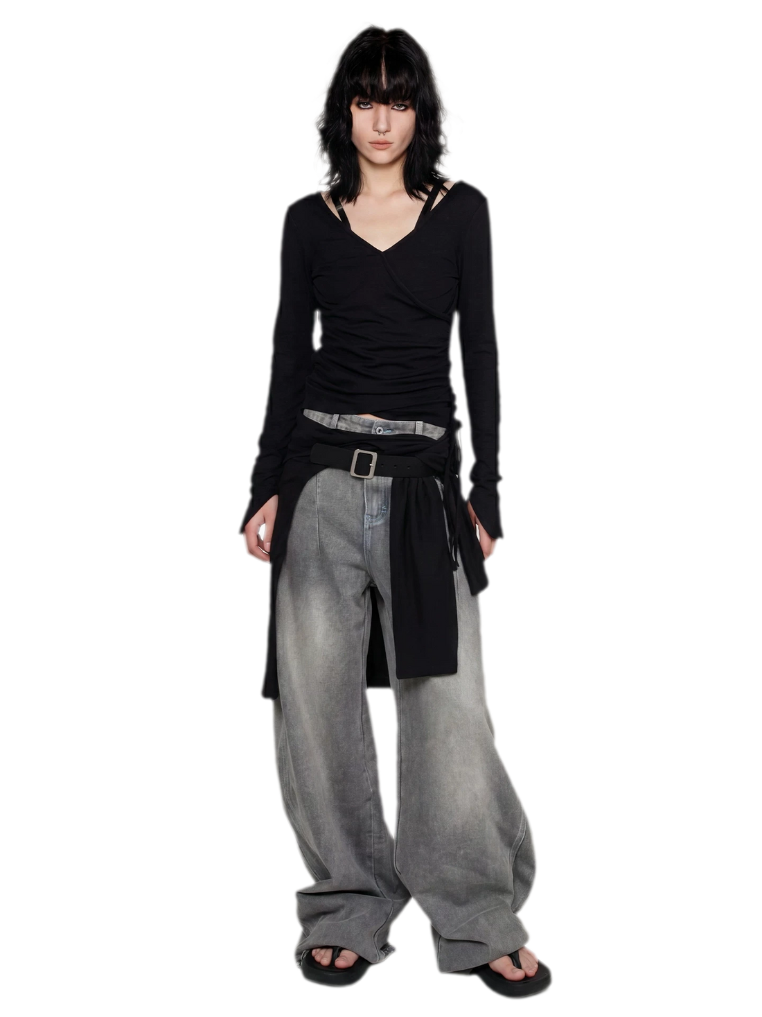 Textured Ruched Slim Long-Sleeve Top