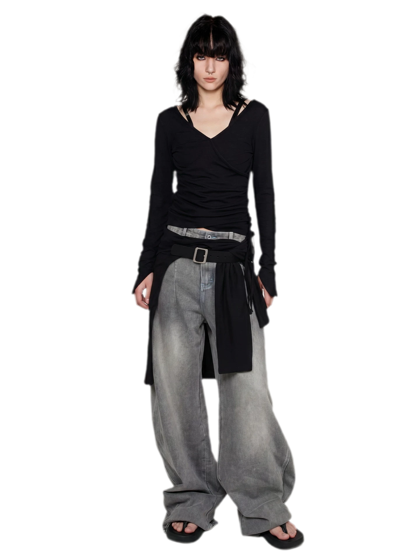 Textured Ruched Slim Long-Sleeve Top