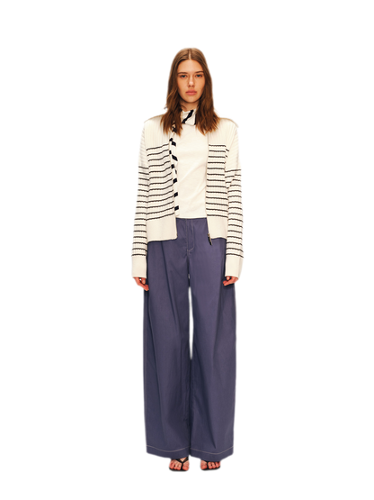 Striped Stand-Collar Zip Cardigan