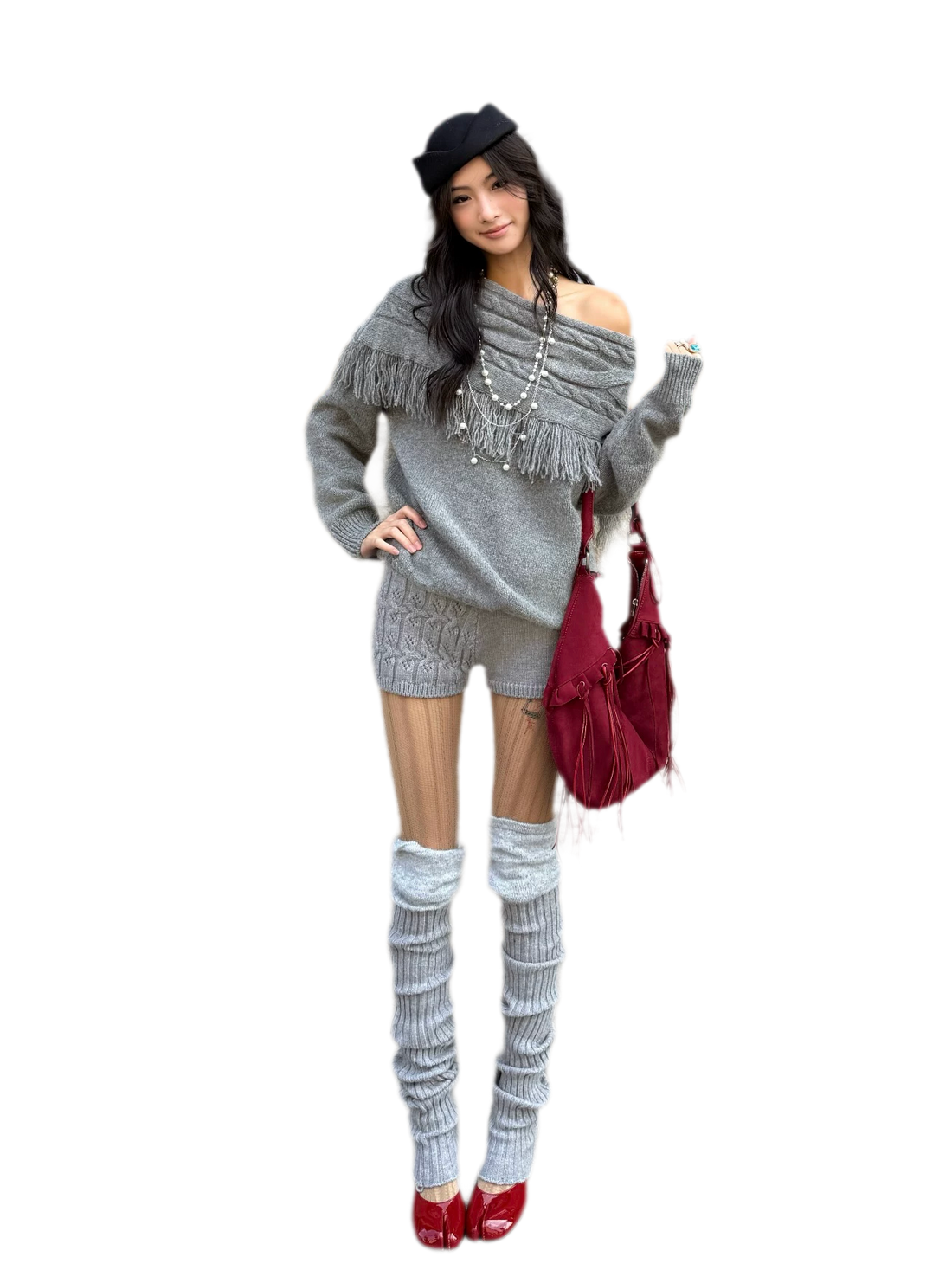 Cable Knit One-Shoulder Set