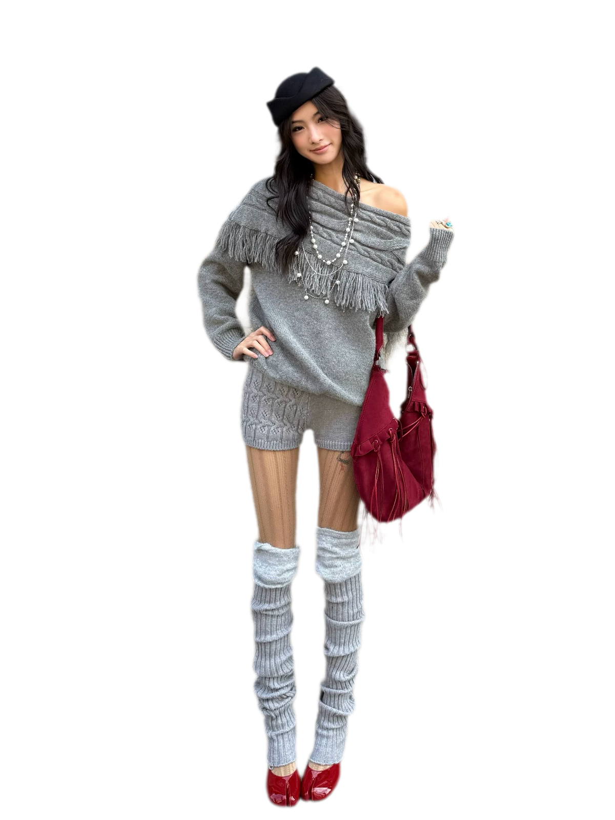 Cable Knit One-Shoulder Set