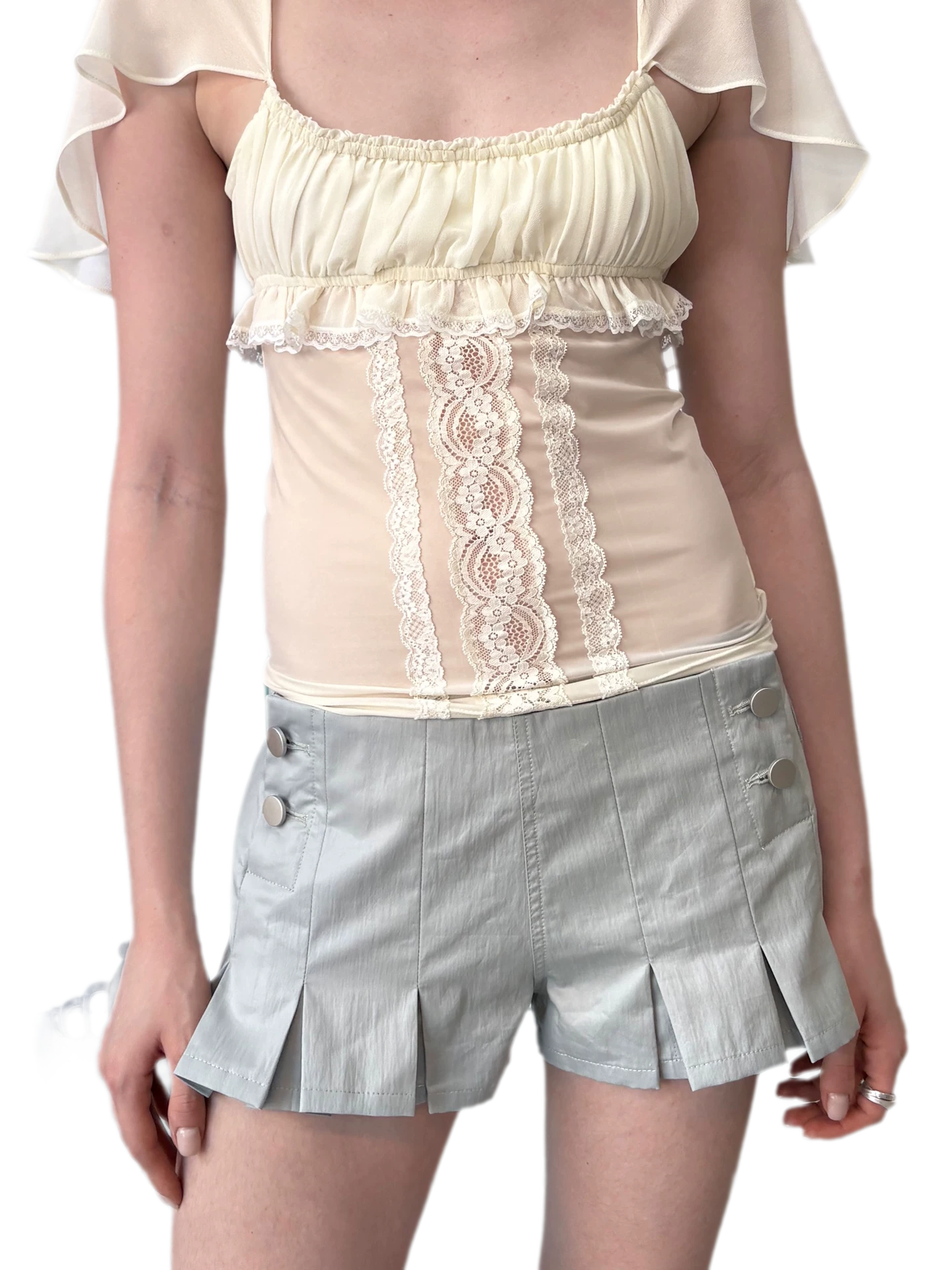 Pleated High-Waisted Double-Breasted Shorts