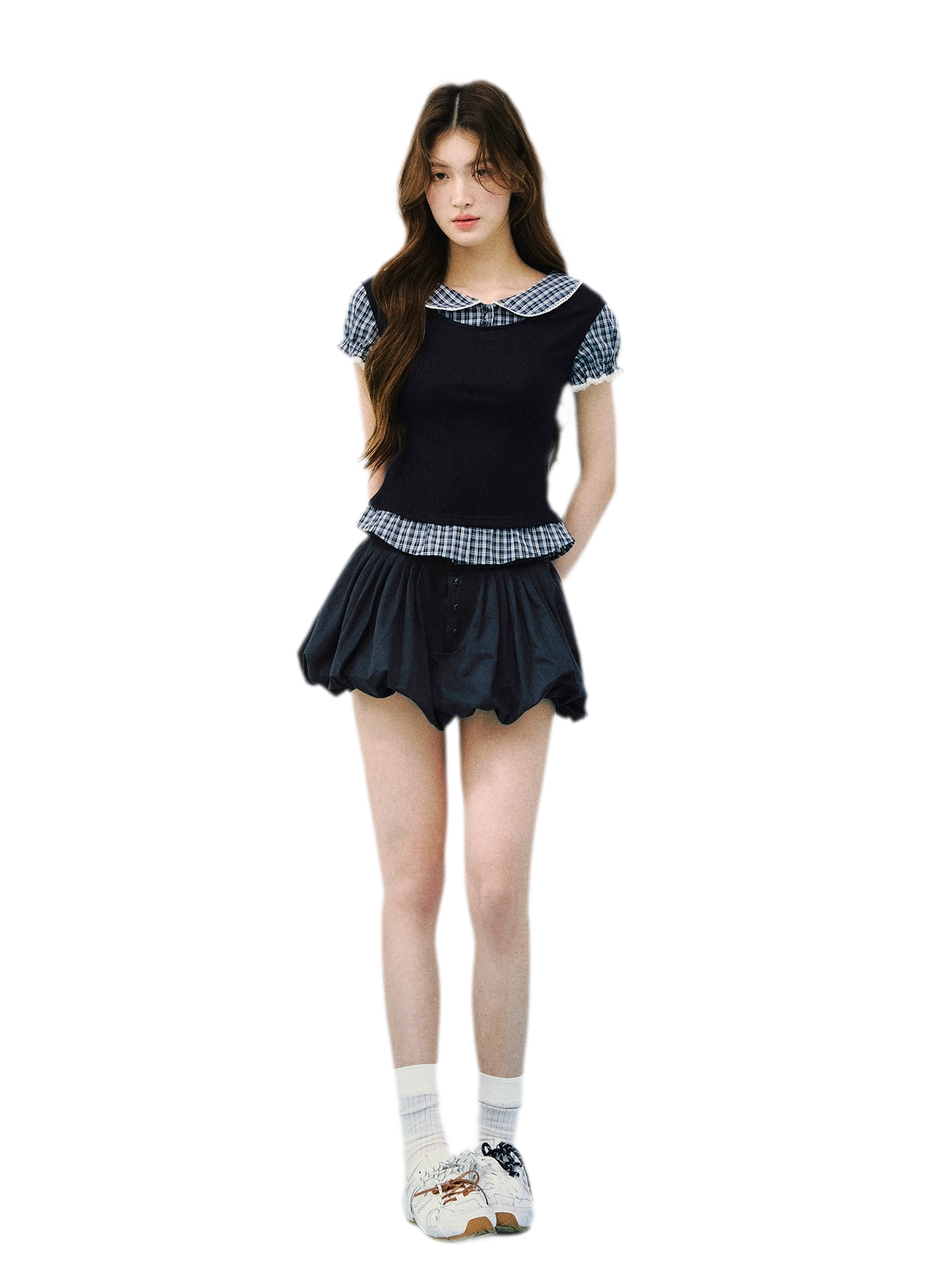 Navy Petal Pleated Skirt