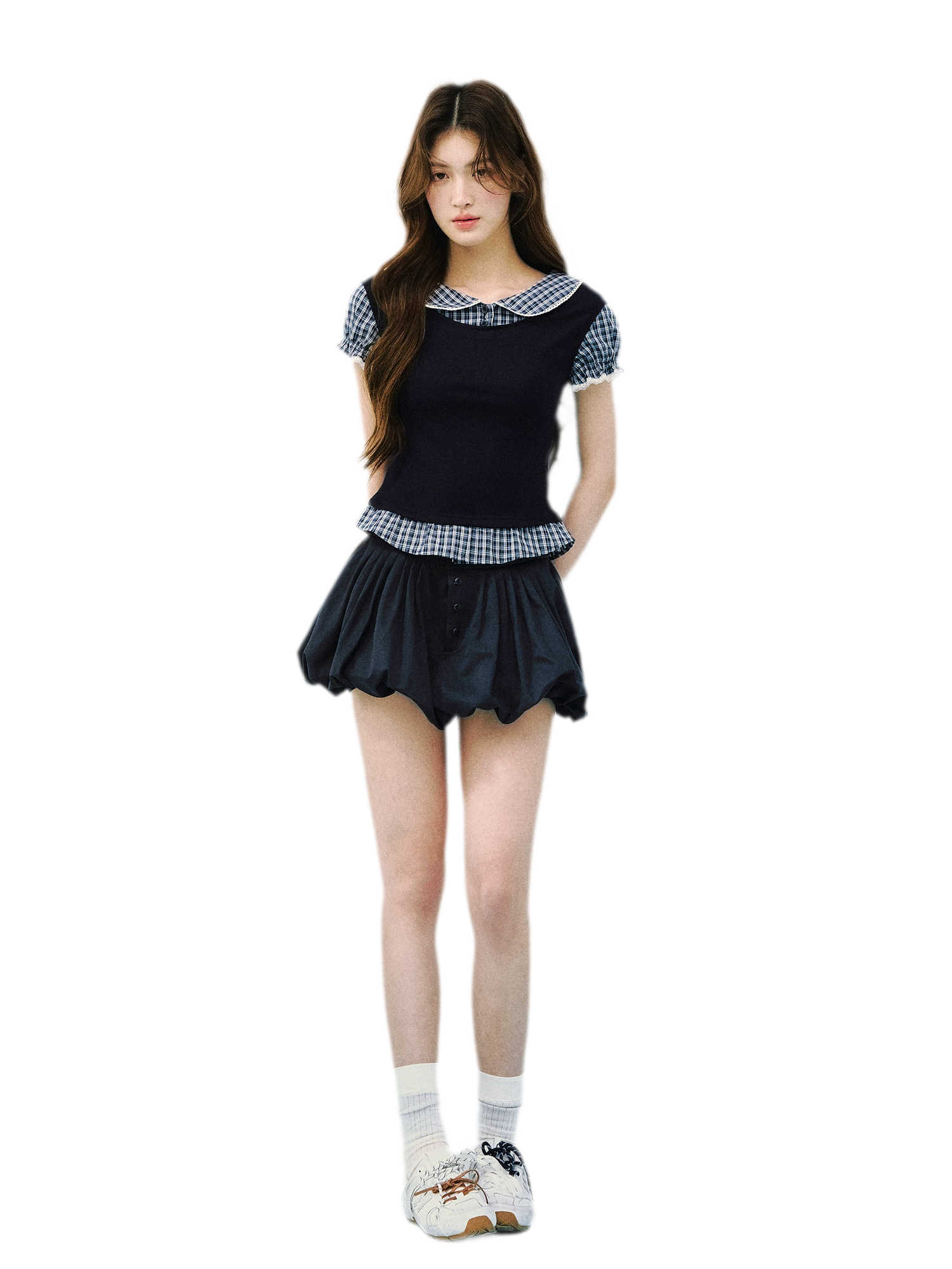 Navy Petal Pleated Skirt