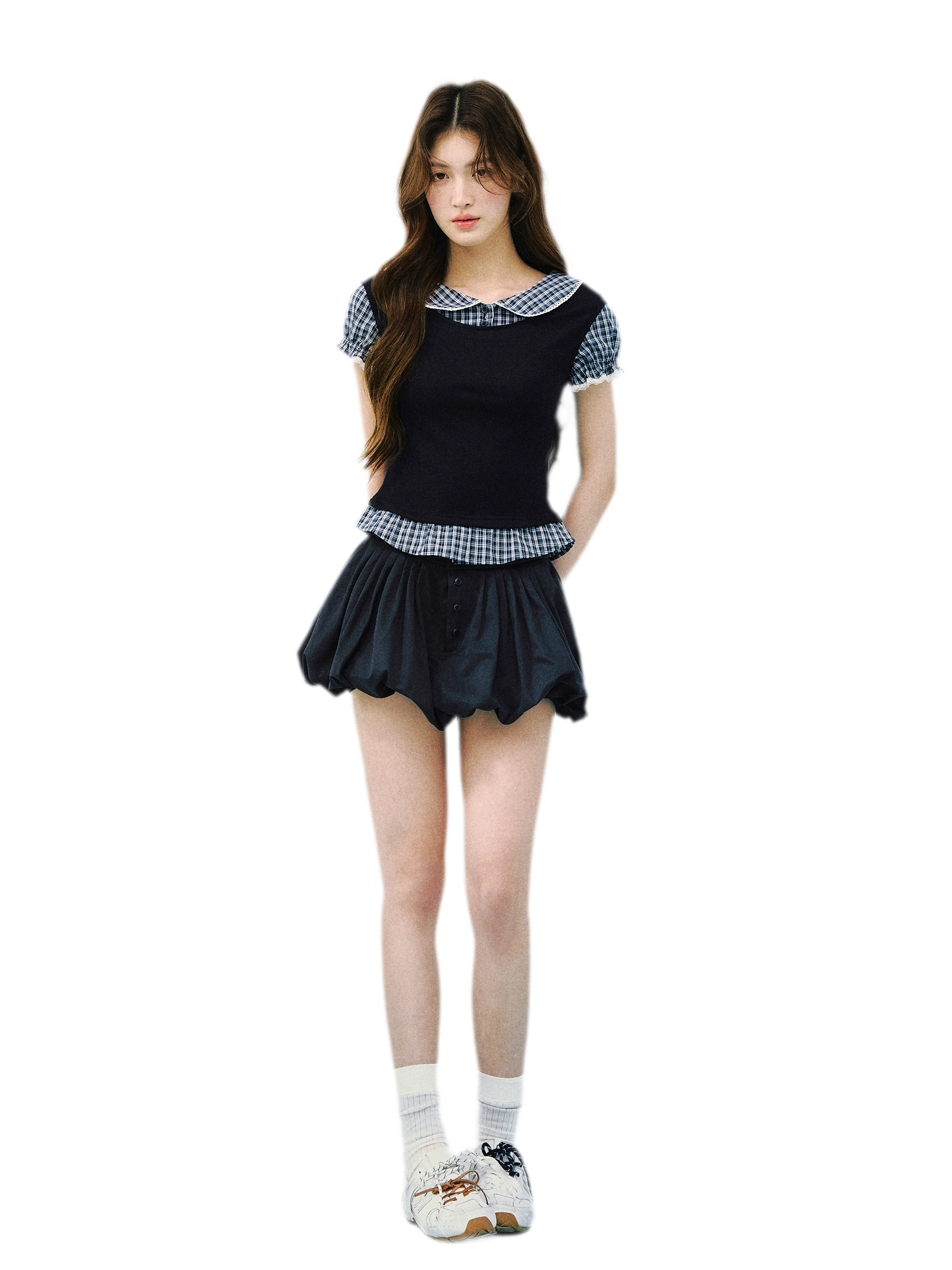 Navy Petal Pleated Skirt