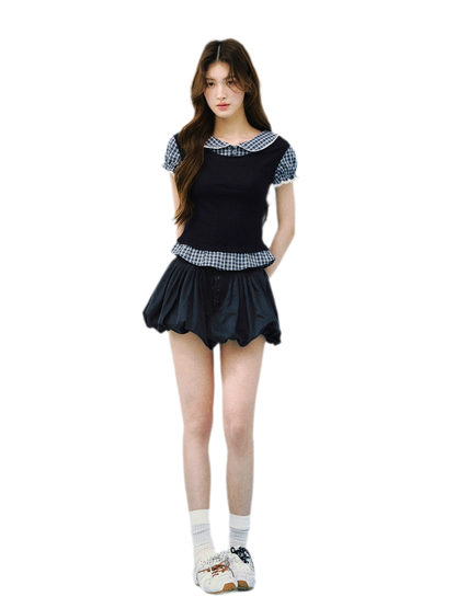 Navy Petal Pleated Skirt