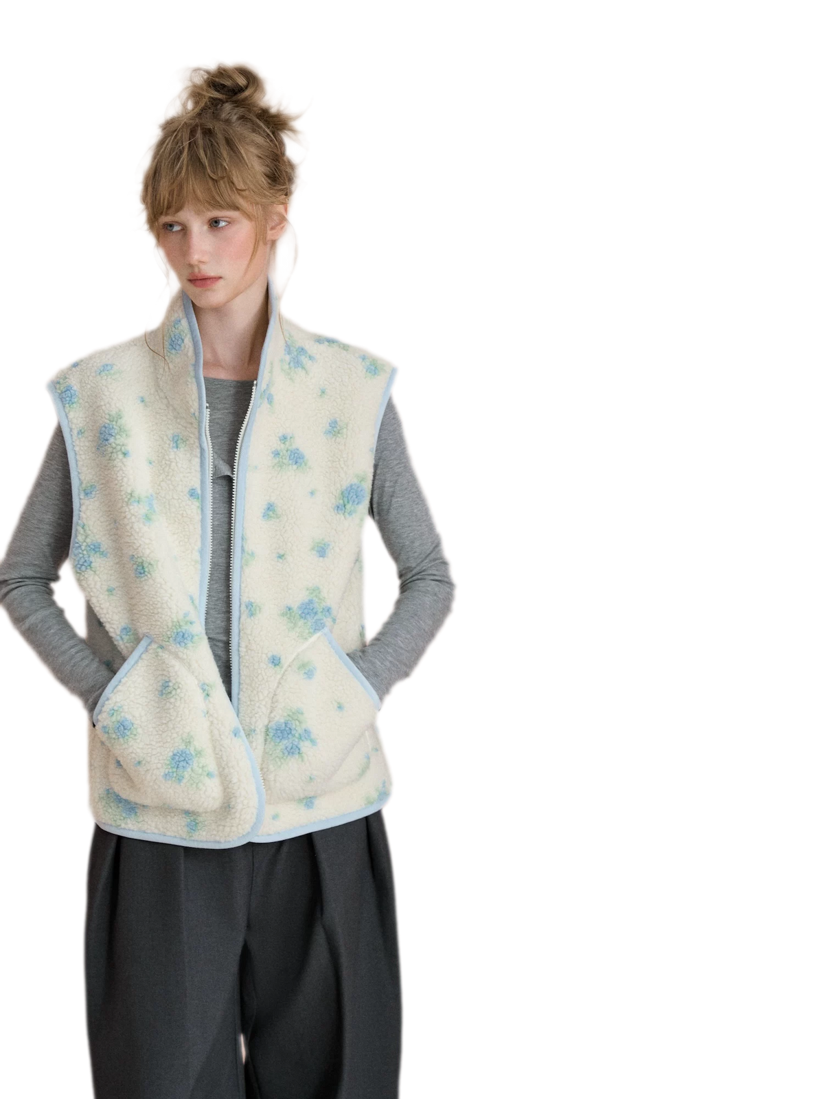 Floral Fleece Stand Collar Vest