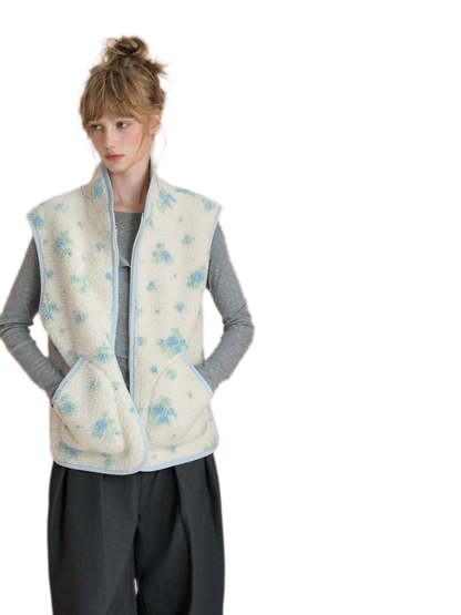 Floral Fleece Stand Collar Vest