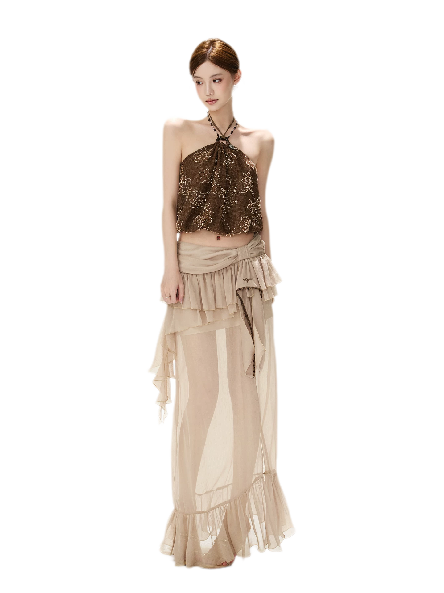 CYNR Sheer Ruffle High-Slit Skirt – view 3