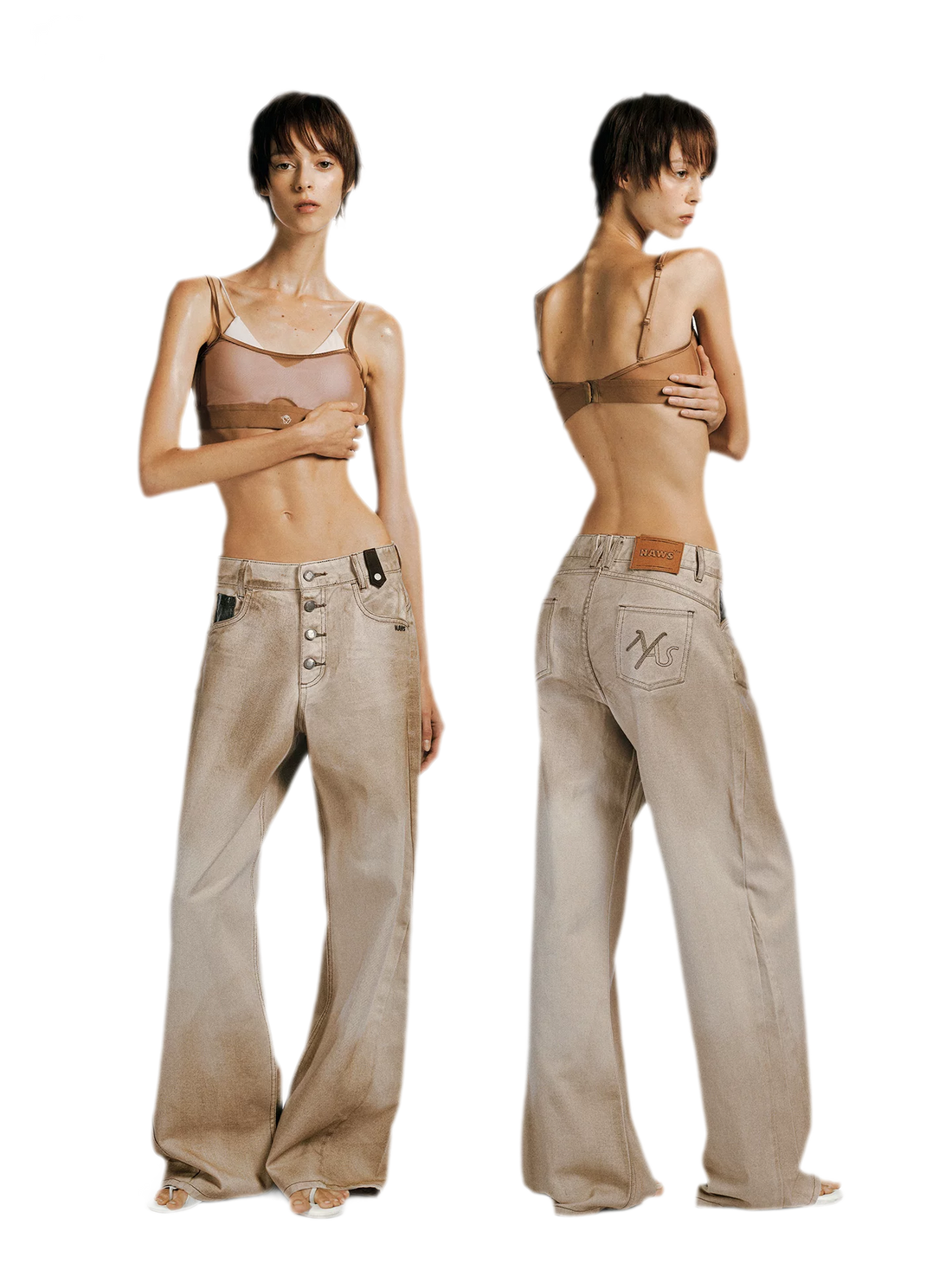 Coated Distressed Wide-Leg Jeans