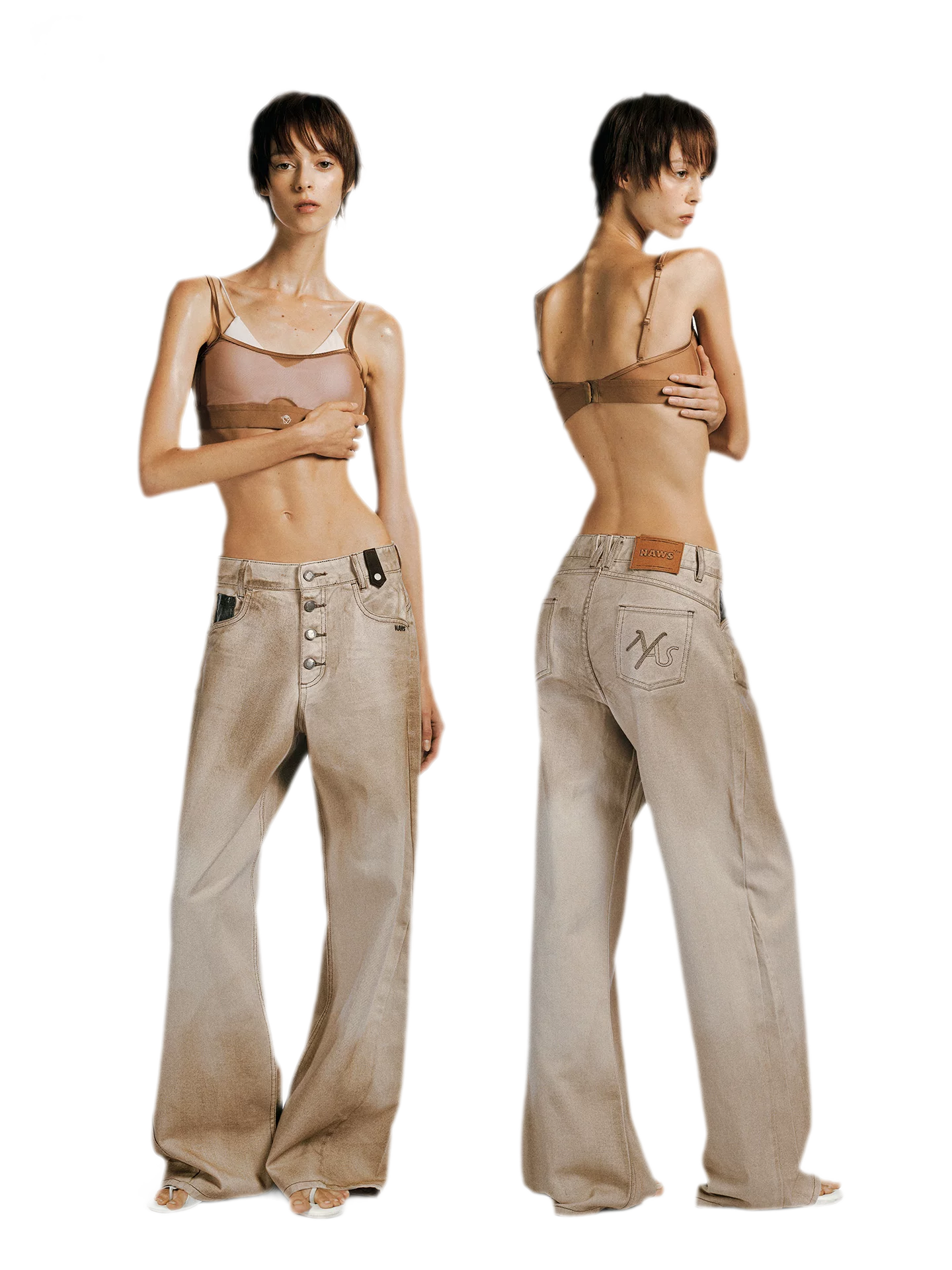 Coated Distressed Wide-Leg Jeans