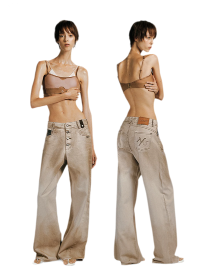 Coated Distressed Wide-Leg Jeans