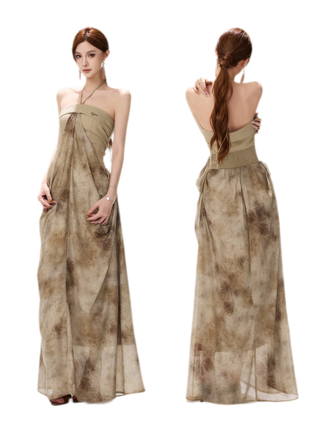 Ink-Wash Pleated Halter Dress