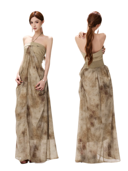 Ink-Wash Pleated Halter Dress