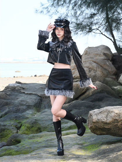 Textured Faux-Leather High-Waisted Skirt