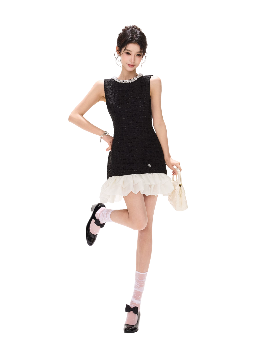 Diamond Neckline Ruffled Sleeveless Waist-Cinching Dress