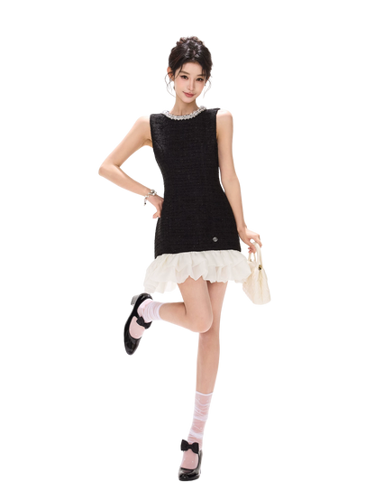 Diamond Neckline Ruffled Sleeveless Waist-Cinching Dress