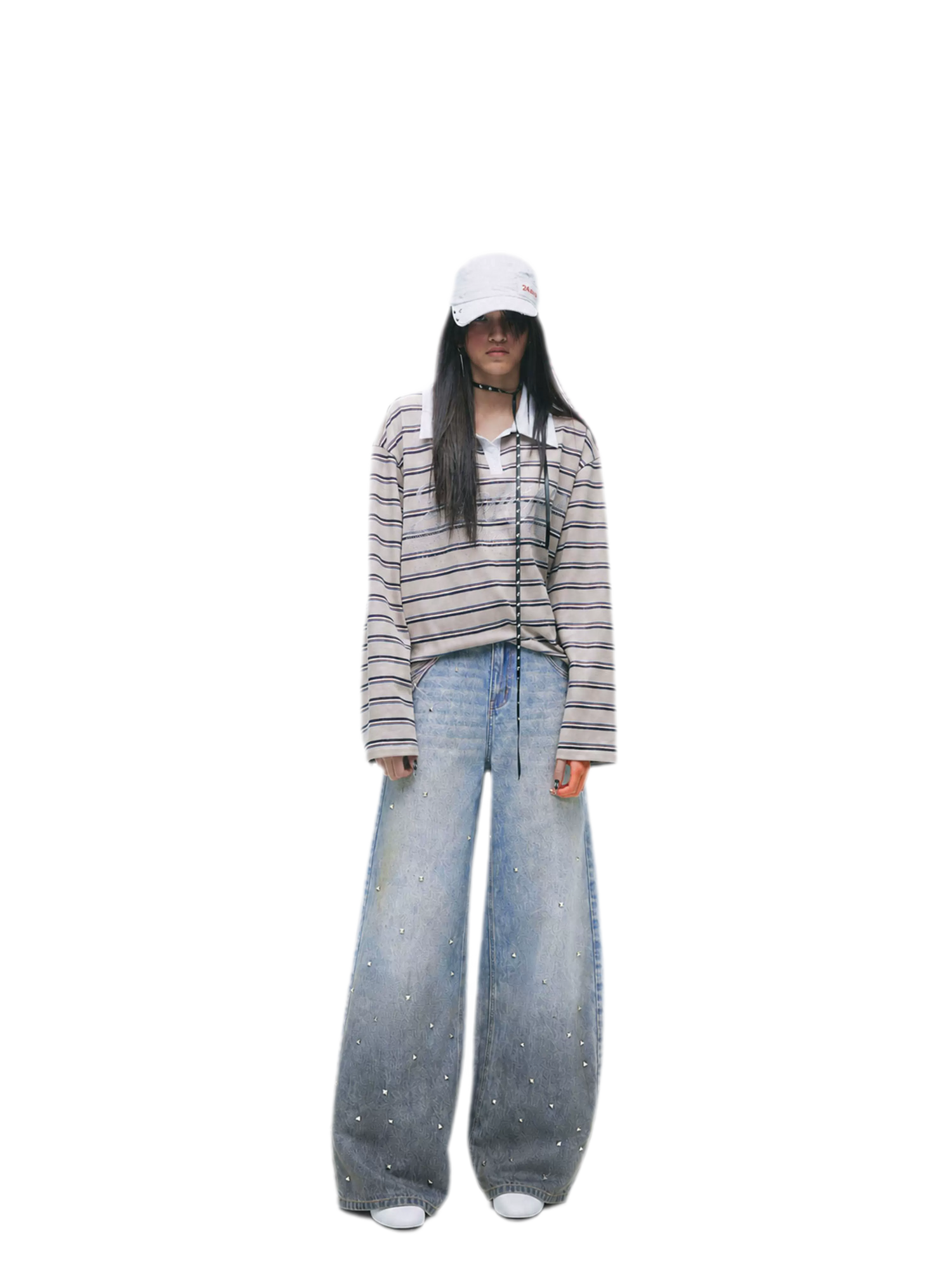 Washed Studded Wide-Leg Jeans