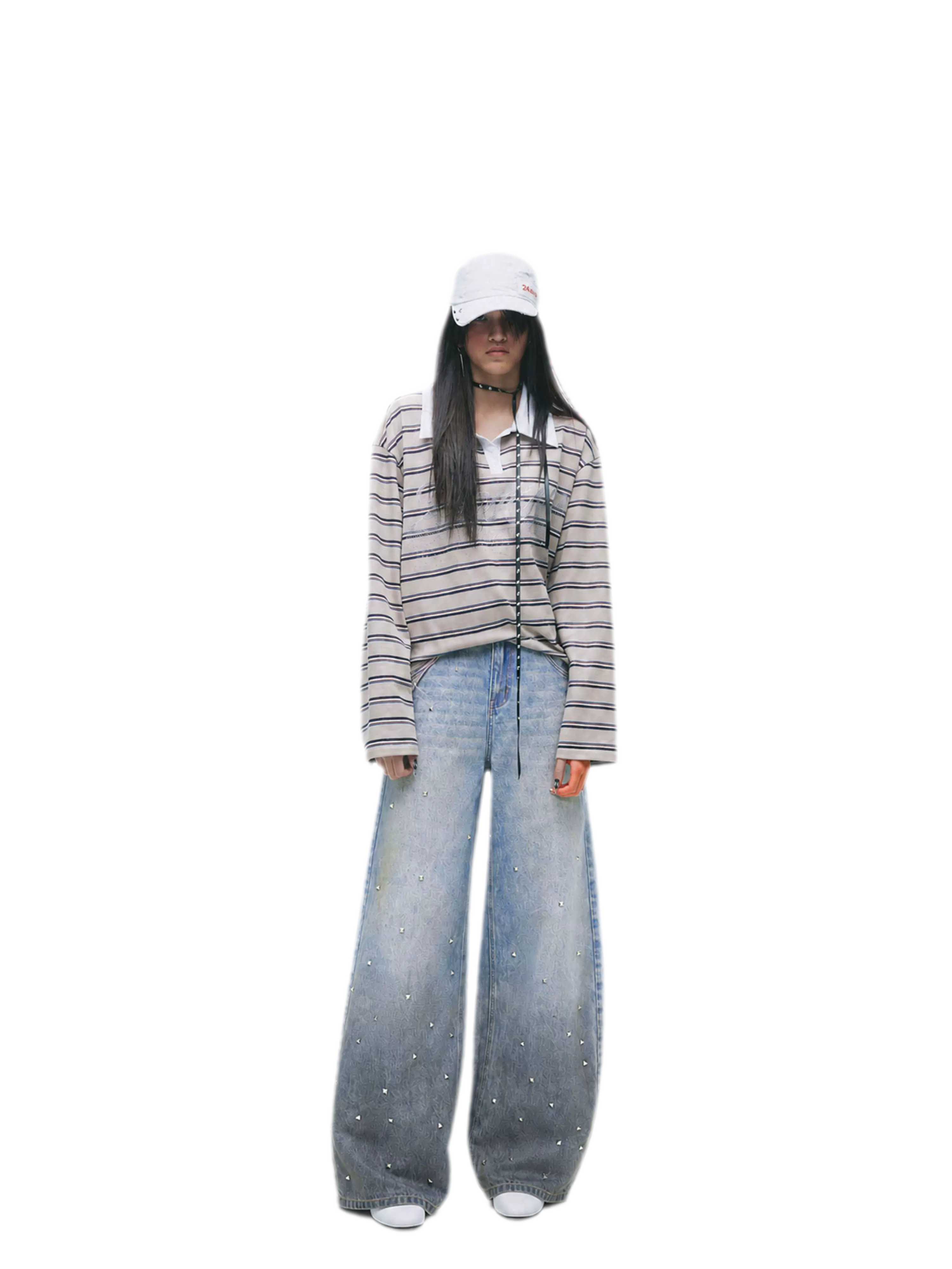 Washed Studded Wide-Leg Jeans