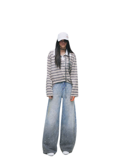 Washed Studded Wide-Leg Jeans