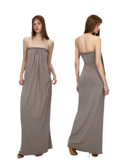 Sculptural 93% Lyocell Pleated Long Dress