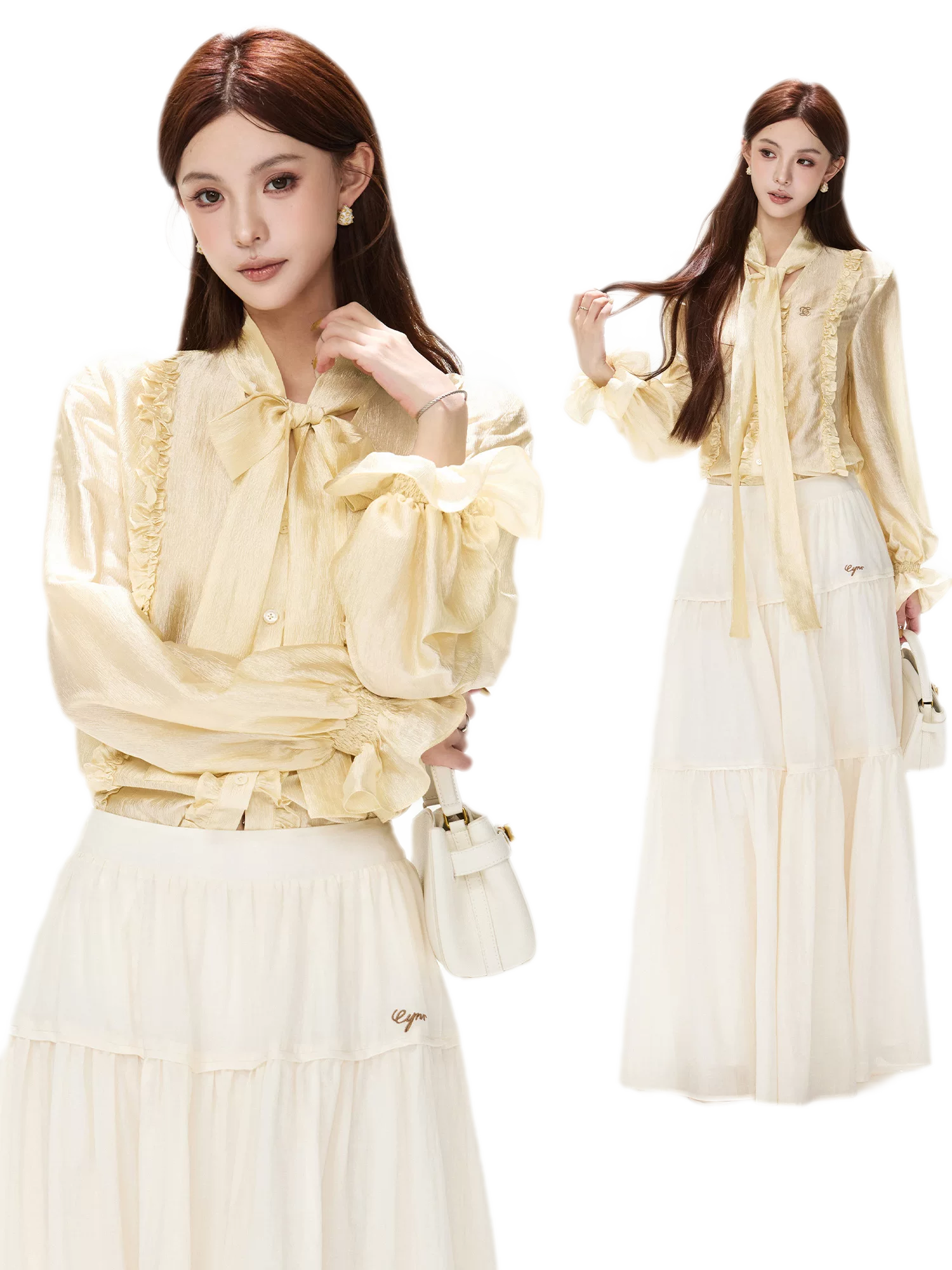 Shimmering Ruffle Lantern Sleeve Blouse