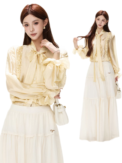 Shimmering Ruffle Lantern Sleeve Blouse