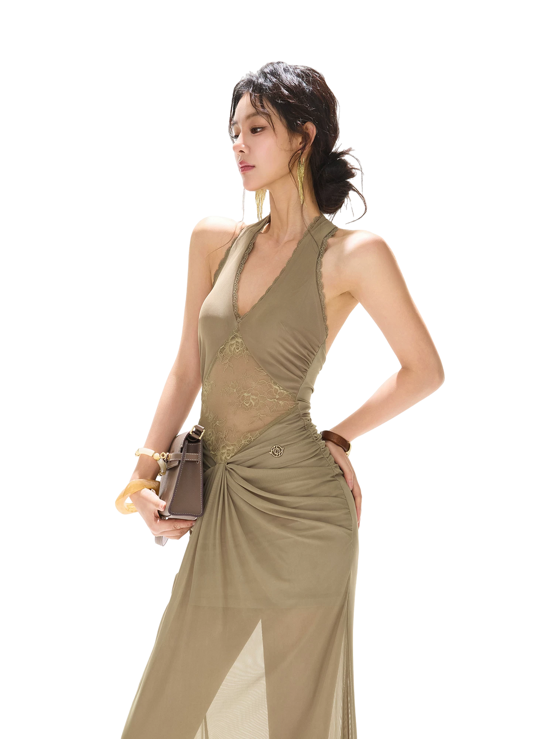 Deep V Neck Halter Lace Mesh Long Dress
