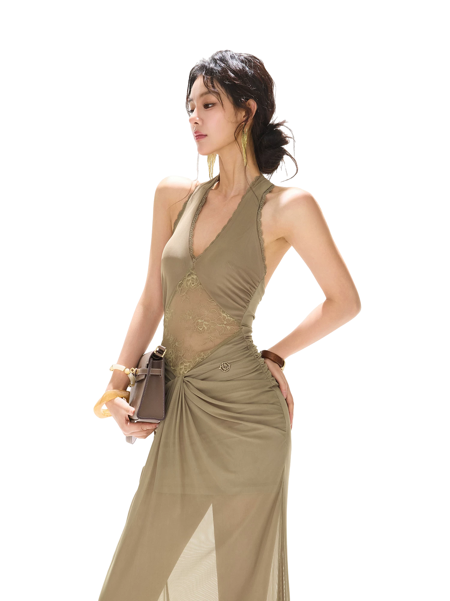 Deep V Neck Halter Lace Mesh Long Dress