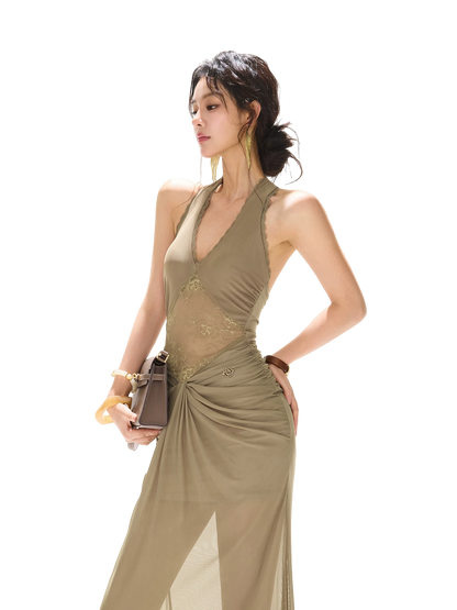 Deep V Neck Halter Lace Mesh Long Dress