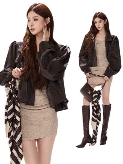 Veste courte froncée en cuir PU
