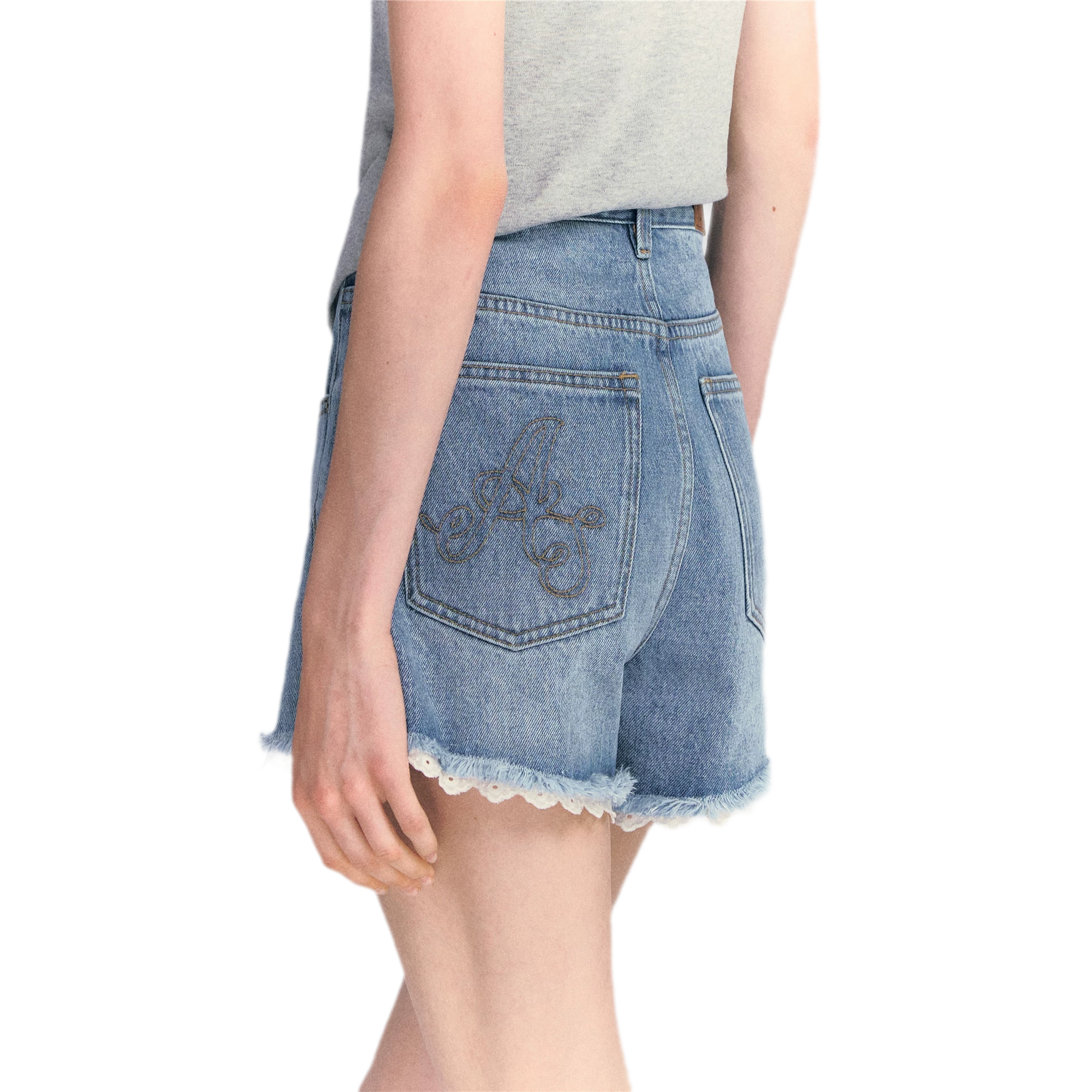 Lace Trim Washed Denim Shorts
