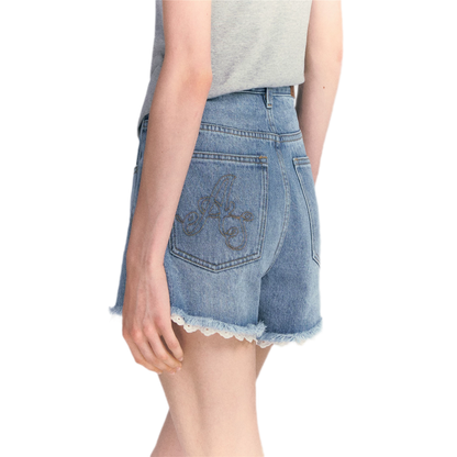 Lace Trim Washed Denim Shorts