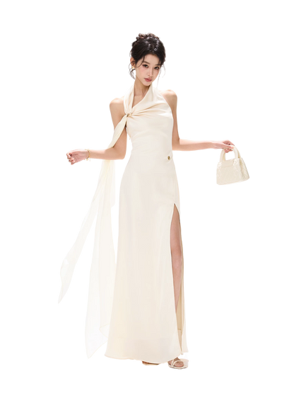 French Style One-Shoulder Backless Halter Long Dress
