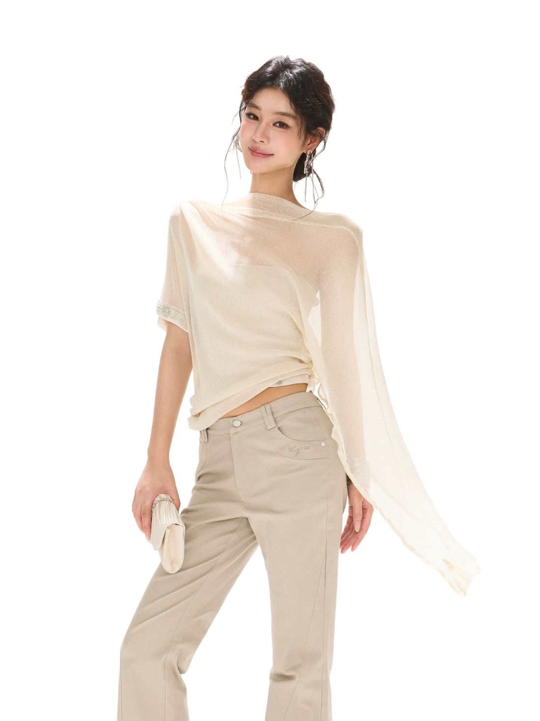 Silver Mesh Beaded Batwing Sleeve Top