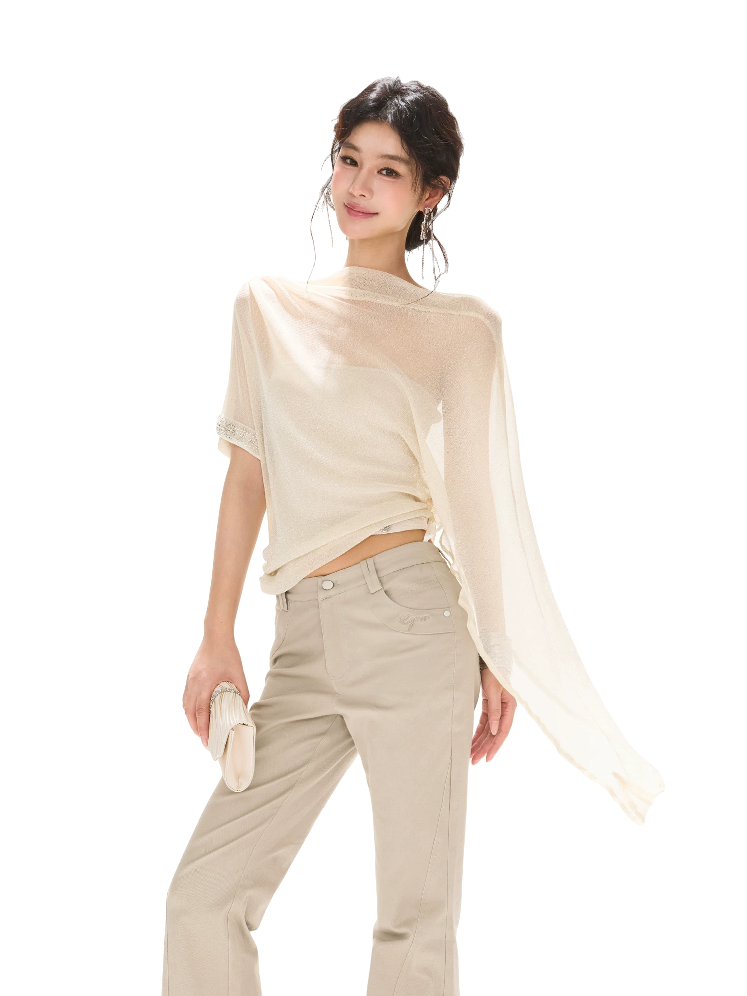 Silver Mesh Beaded Batwing Sleeve Top