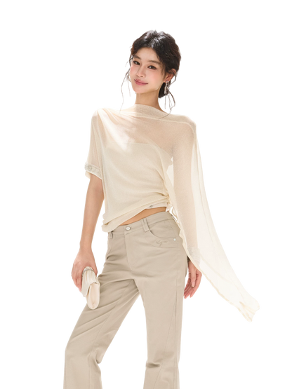 Silver Mesh Beaded Batwing Sleeve Top