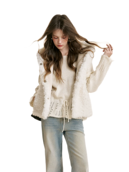 Lace Drawstring Off-Shoulder Sweater