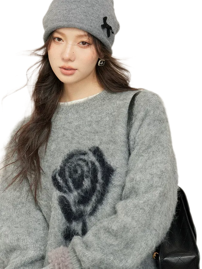Rose Jacquard Grey Sweater