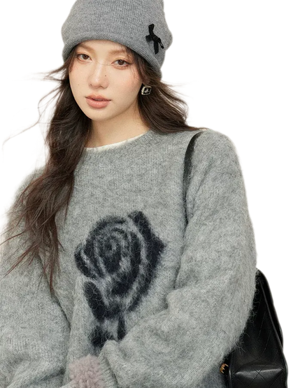 Rose Jacquard Grey Sweater