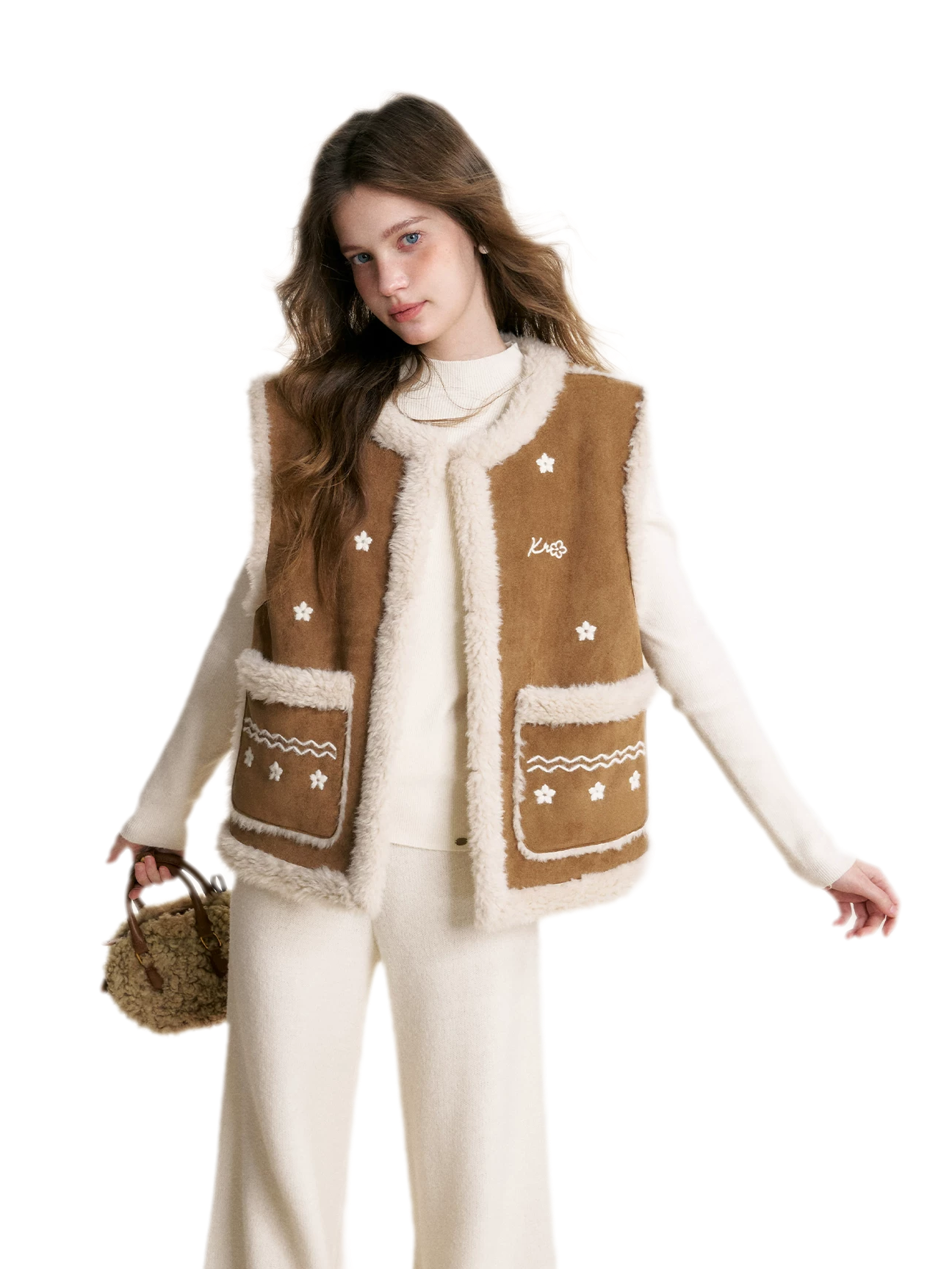Shearling Floral Embroidered Vest