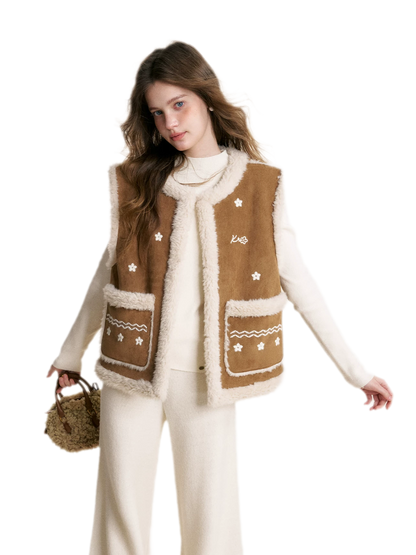 Shearling Floral Embroidered Vest