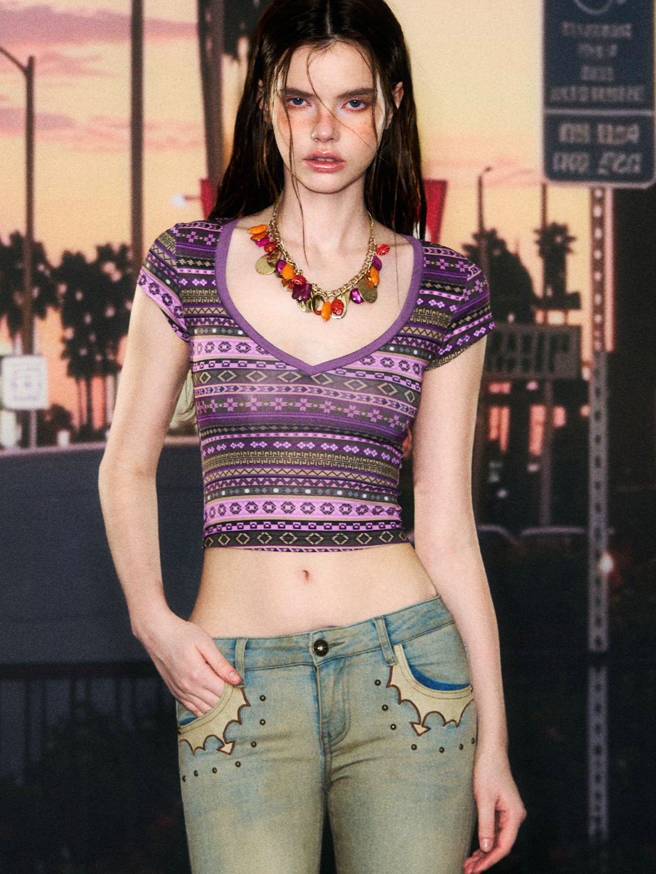 Ethnic Print Cropped T-Shirt