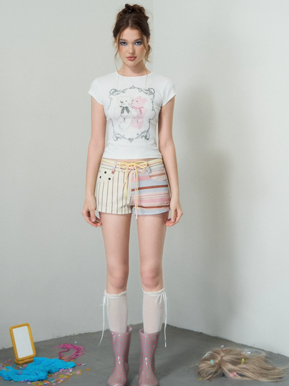 Printed Low-Rise Denim Shorts